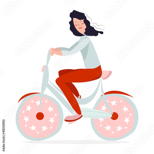girl rides a cute bike. Vector illustration
