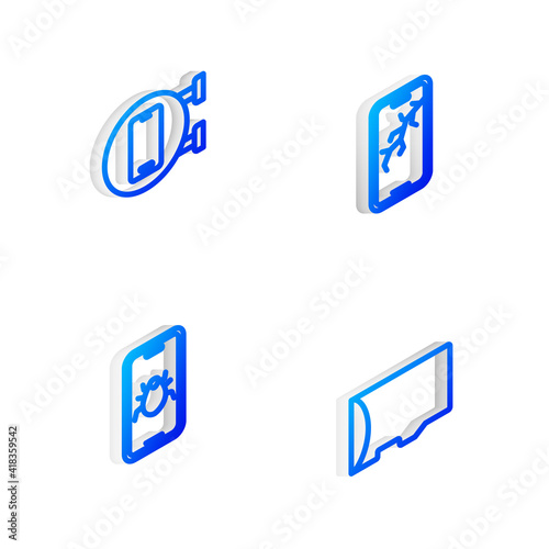 Set Isometric line Mobile with broken screen, Phone repair service, System bug mobile and Micro SD memory card icon. Vector.
