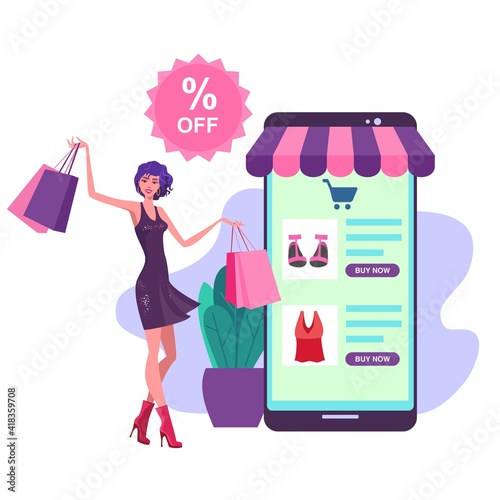 New online shopping. Woman character with shopping bags. Vector illust