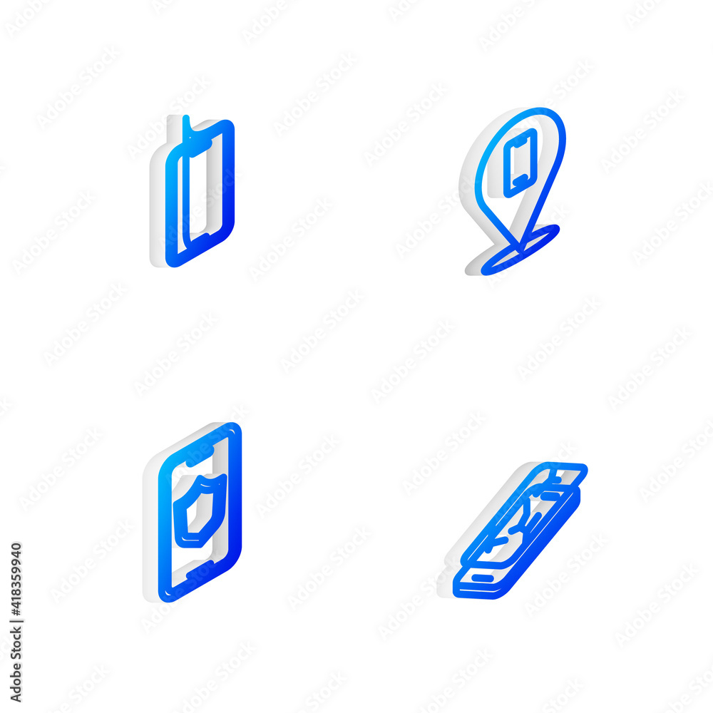 Set Isometric line Phone repair service, Glass screen protector, Mobile with shield and broken icon. Vector.