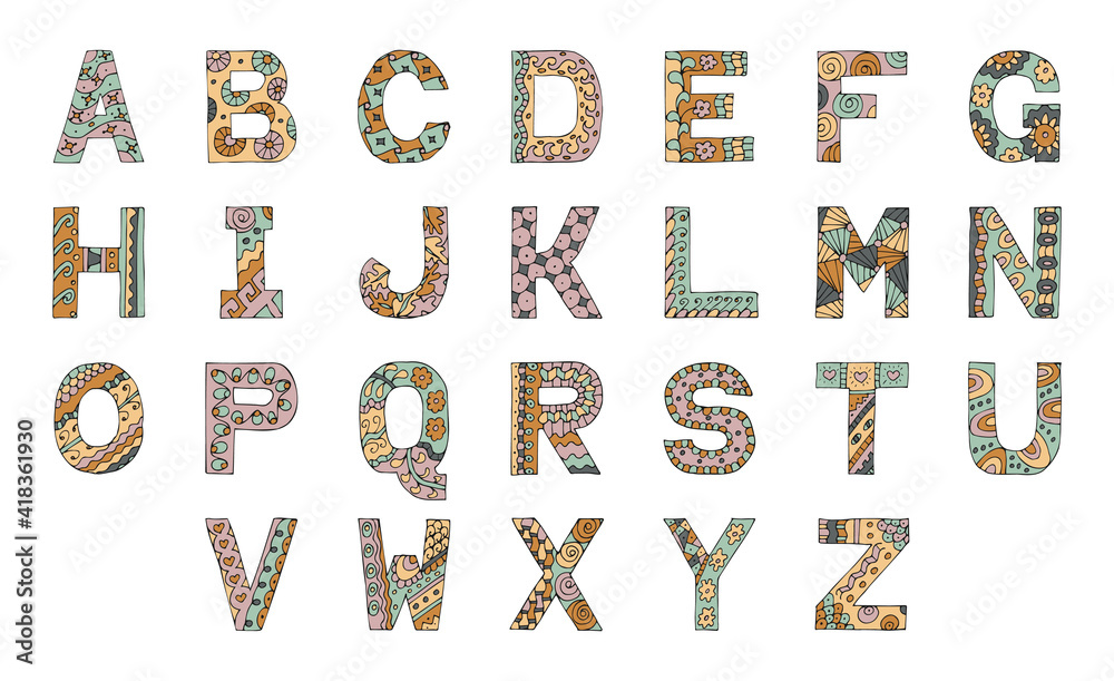Set of hand-drawn letters decorated with patterns. Set of hand-drawn letters decorated with patterns.