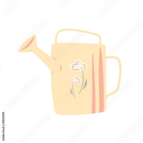 Metal watering can with floral print vector. Gardening yellow watering pot for outdoor and indoor plants watering illustration. Garden tools graphic object isolated on a white background.