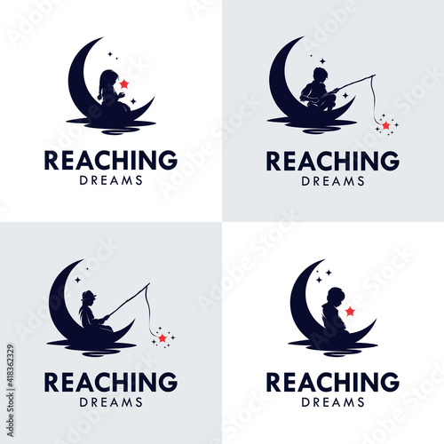 Set of Kids Reach Dreams logo with Moon symbol, Reaching Star logodream1a