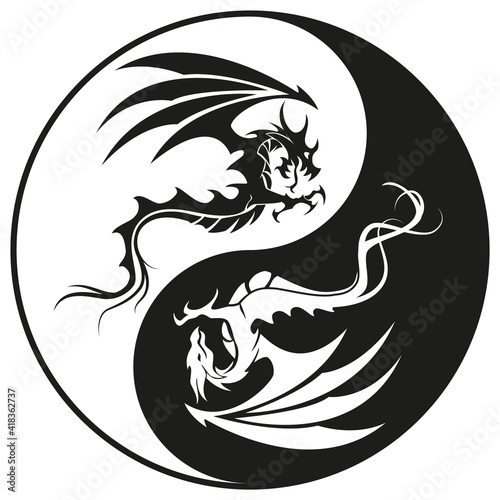 Dragons in Yin and yang circle - Dragon symbol tattoo, black and white vector illustration, isolated on white background