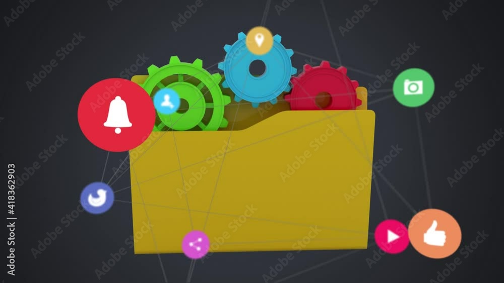 Network of digital icons moving against folder icon on grey background Network of digital icons moving against folder icon on grey background