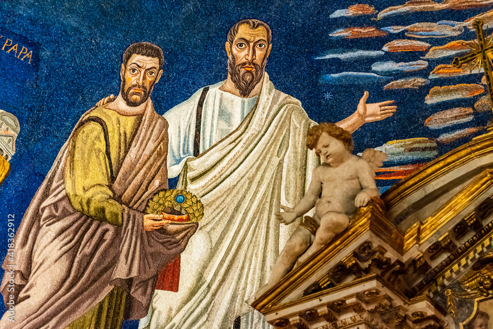 Naklejka premium Detail of colorful religious wall painting showing two men and a baby angel