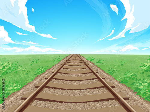 まっすぐな線路と草原の風景_背景イラスト