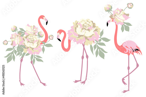 Set of pink flamingo with peony flower. Abstract birds. Simple flat style.