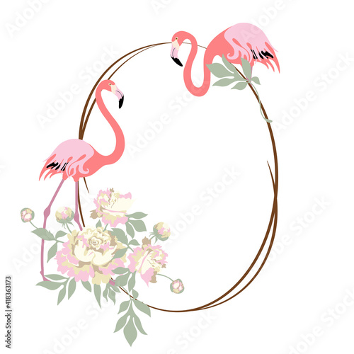 Oval frame with pink flamingo and peony flower. Copy space for design.