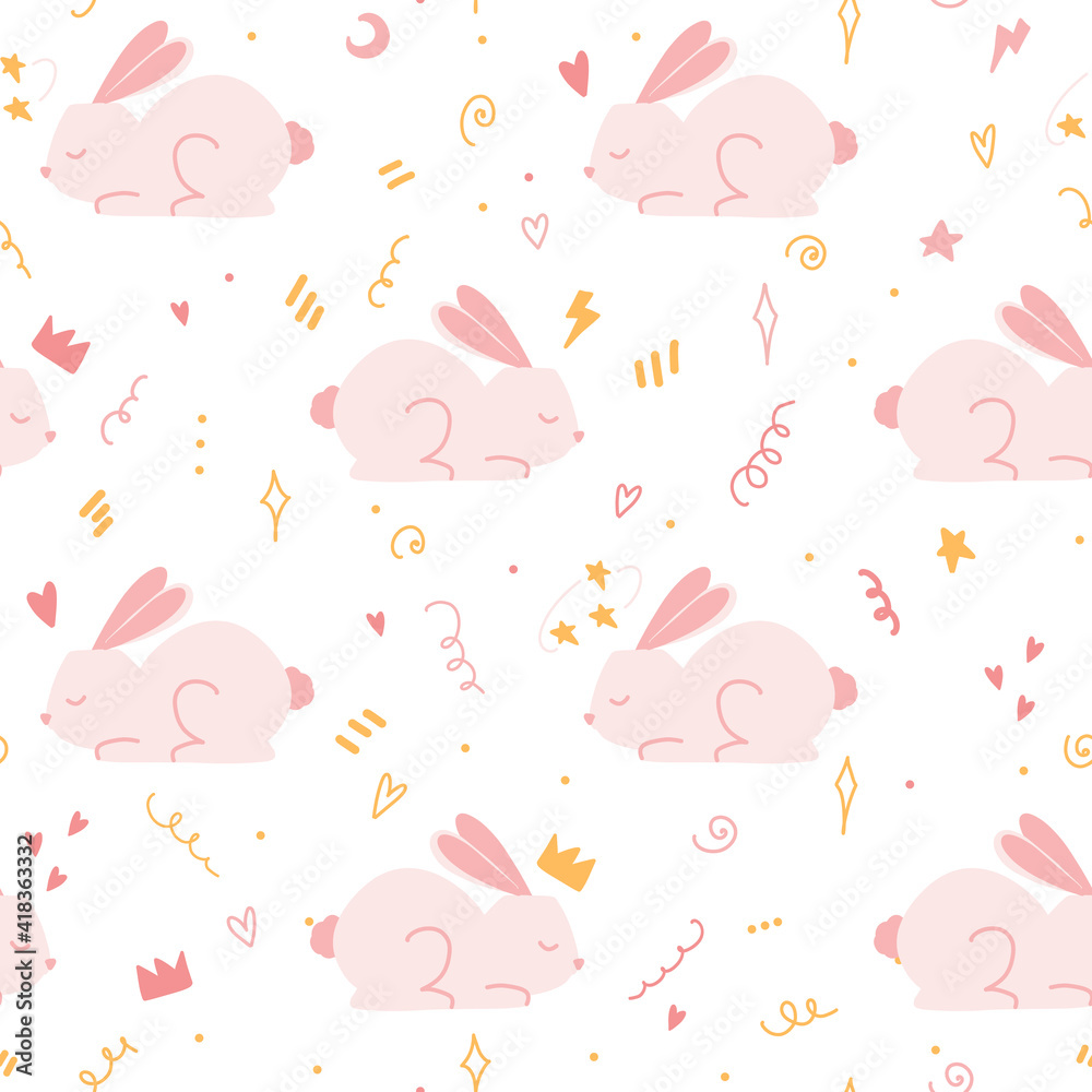Seamless pattern with cute pink rabbit. Seamless design for baby clothes or nursery wallpaper Seamless pattern with cute pink rabbit. Seamless design for baby clothes or nursery wallpaper