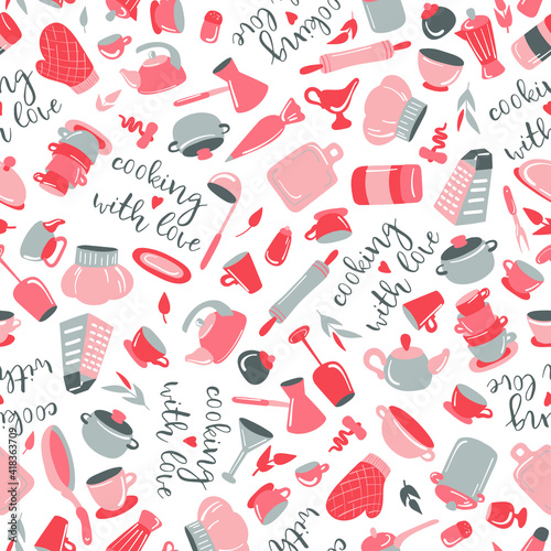Cooking with love. Seamless vector pattern on white background in pink and grey colors. Kitchen utensils set. Perfect for greetings card, textile, fabric, wallpapers, banners, menu. Recipe book.