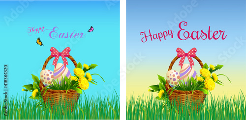 Easter wishes and promotional sale banner, poster, greeting card template in pink, blue, violet, green color with butterflies and bunnies and basket in the graden field with yellow dahlia