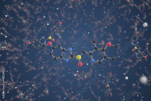 Omeprazole molecule. Ball-and-stick molecular model. Chemistry related 3d rendering