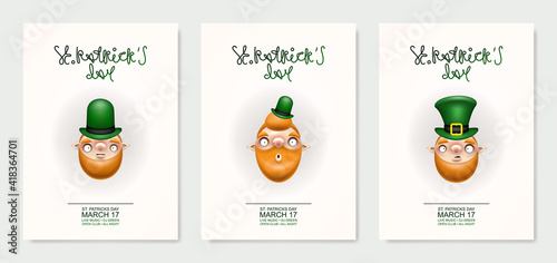 Happy St. Patrick's Day! Greeting card or invitation to a holiday or party. Curly holiday inscription with red head of funny cartoon Patrick. The character's face. Vector