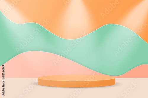 3d vector orange podium background with geometric shadow on the floor. Platforms shapes for product presentation minimal Abstract composition design, showcase, copy space