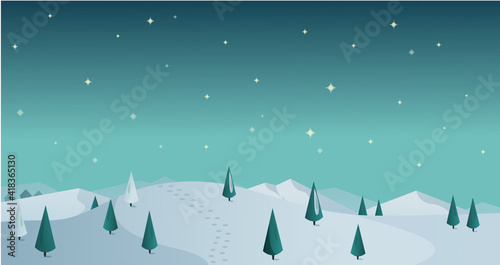 Night winter panorama with snow and star sky photo