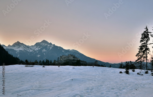 Die Ruine Ehrenberg bei Reutte in Tirol im Winter bei Abendrot photo