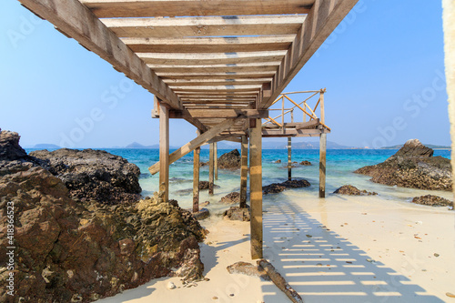 A bridge wooden on the shore of the sea , Koh Kham, Sattahip, Chonburi, Thailand	