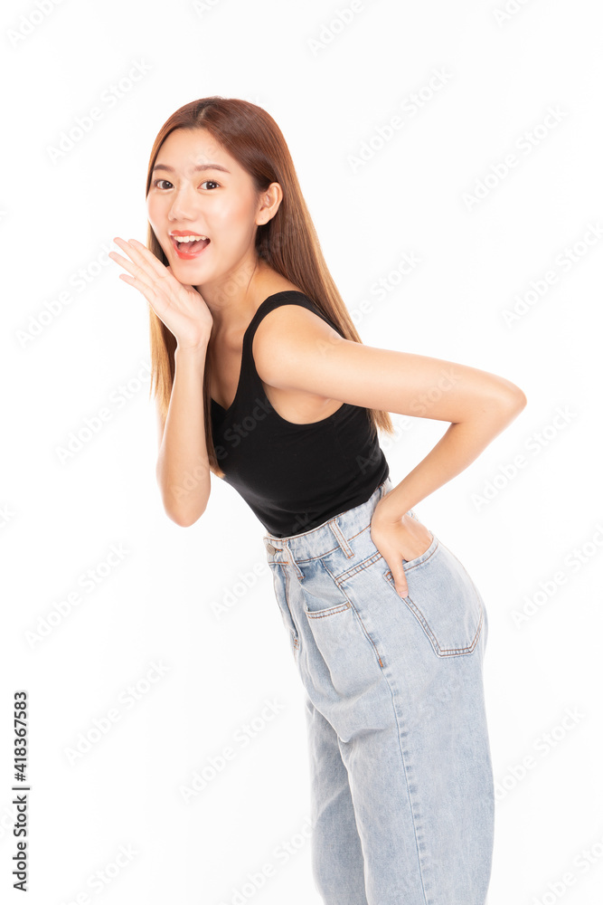 Fototapeta premium Portrait of young beautiful women with happy smile on white background. Attractive Cheerful young Asian girl. Healthy beautiful Asian woman. Youth and Skin Care, Beauty Concept.