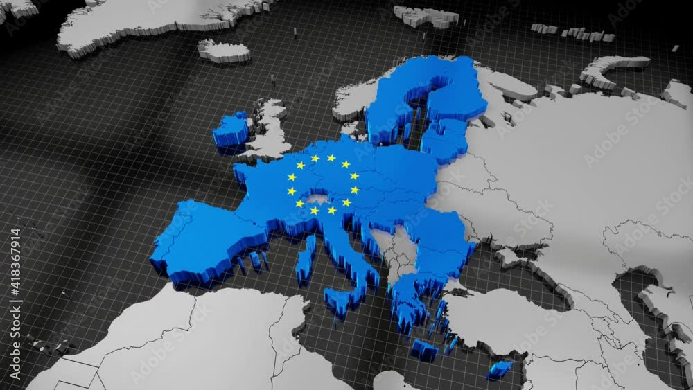 European Union map and flag - 4K animation (3840x2160 px), 3D rendering.