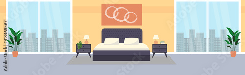 Bedroom with furniture and big window. Flat style vector illustration. Cozy interior. Hotel room.