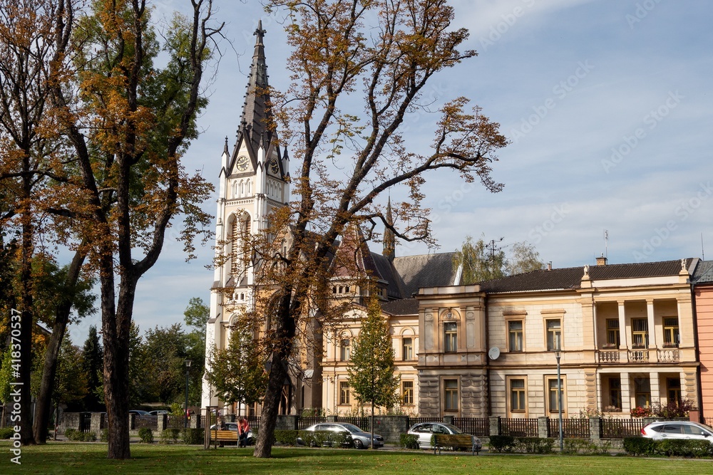 Kostel Nejsvetejsiho Srdce Jezisova Church in the Cesky Tesin town in Masarykovy sady park