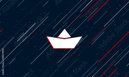 Large white paper boat symbol framed in red in the center. The effect of flying through the stars. Seamless vector illustration on a dark blue background with stars and slanted lines