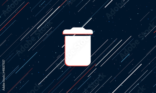Large white trash symbol framed in red in the center. The effect of flying through the stars. Seamless vector illustration on a dark blue background with stars and slanted lines