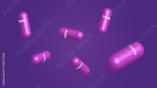 Pink pills falling and word happy