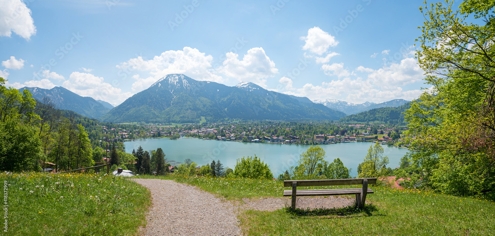 Fototapeta premium pictorial spring landscape upper bavaria, view from Leeberg hill to lake Tegernsee, Wallberg Mountain and tourist resort Rottach-Egern