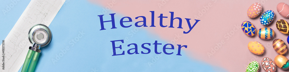 A medical banner with a stethoscope and an ECG with an Easter concept painted eggs on a pink and blue background with the inscription Healthy Easter