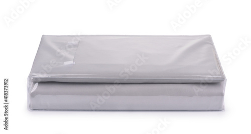 Canvas Print Grey cotton bedding sheets in clear plastic bag
