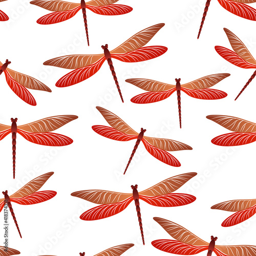 Dragonfly girlish seamless pattern. Summer dress textile print with flying adder insects. Close up