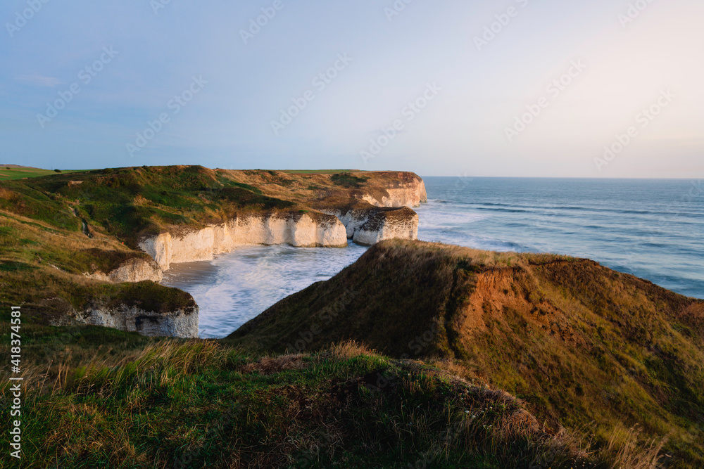 Environmental erosion along chalk cliffs, Flamborough, Yorkshire, UK.