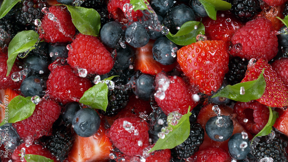 Top view of berries fruit with water splashes Top view of berries fruit with water splashes