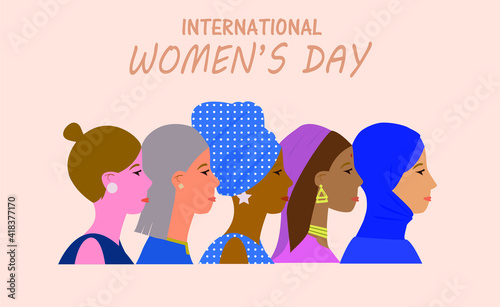 International Women's day illustration. 5 Women of different ethnicity.