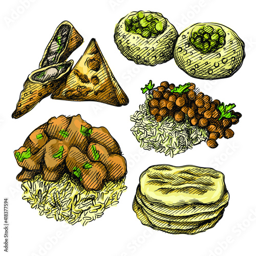 Colorful watercolor Hand drawn sketch set of Indian cuisine. Indian tortillas, Paneer Butter Masala, Butter Chicken, Pani puri, Samsa, samosa	
