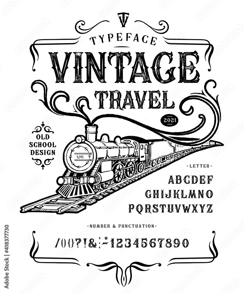  Font Vintage Travel Steam locomotive. Retro type