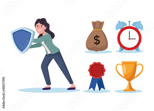 businesswoman extressed with shield and information overload icons