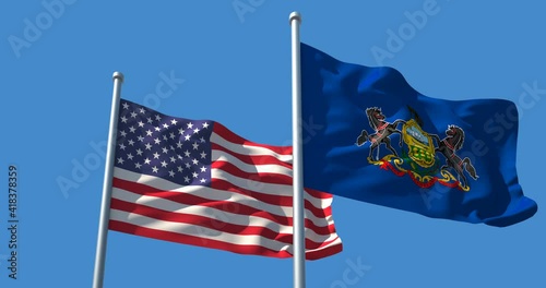 Flags of Pennsylvania and the USA on a flagpole realistic wave on wind not synchronously, solid background. the Commonwealth of Pennsylvania in The United States of America. Harrisburg, Philadelphia.
