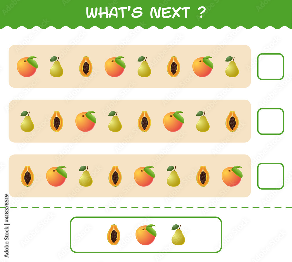 What's comes next educational game of cartoon fruits. Find the regularity and continue the row task. Educational game for pre shool years kids and toddlers
