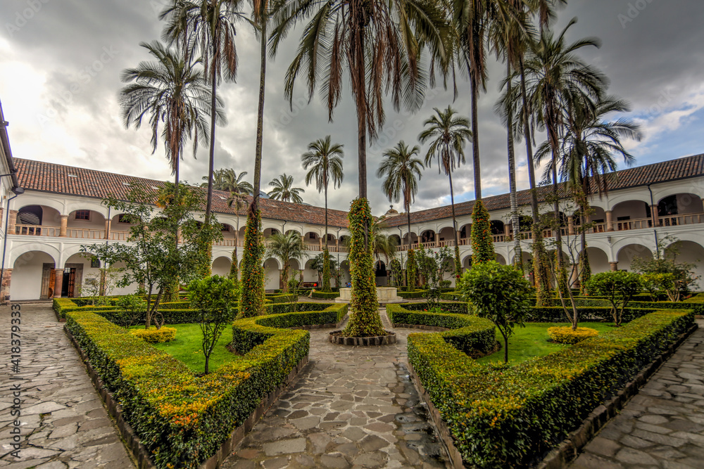 Quito, Ecuador - March 24 2018: Exotic garden in a church courtyard in Quito Ecuador