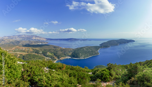 Panoramic view of the eastern coast of Skyros island, over the beach of Pefkos, in Sporades islands, Aegean Sea, Greece, Europe