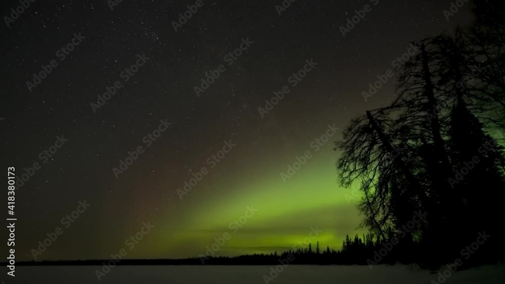 Time lapse of very active green over a frozen snow-covered lake with silhouettes of broken pine trees along the right side of the clip.
Time lapse of very active green over a frozen snow-covered lake with silhouettes of broken pine trees along the right side of the clip.