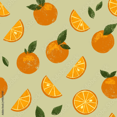 Cute bright retro orange citrus seamless tiling wallpaper pattern with green gray background