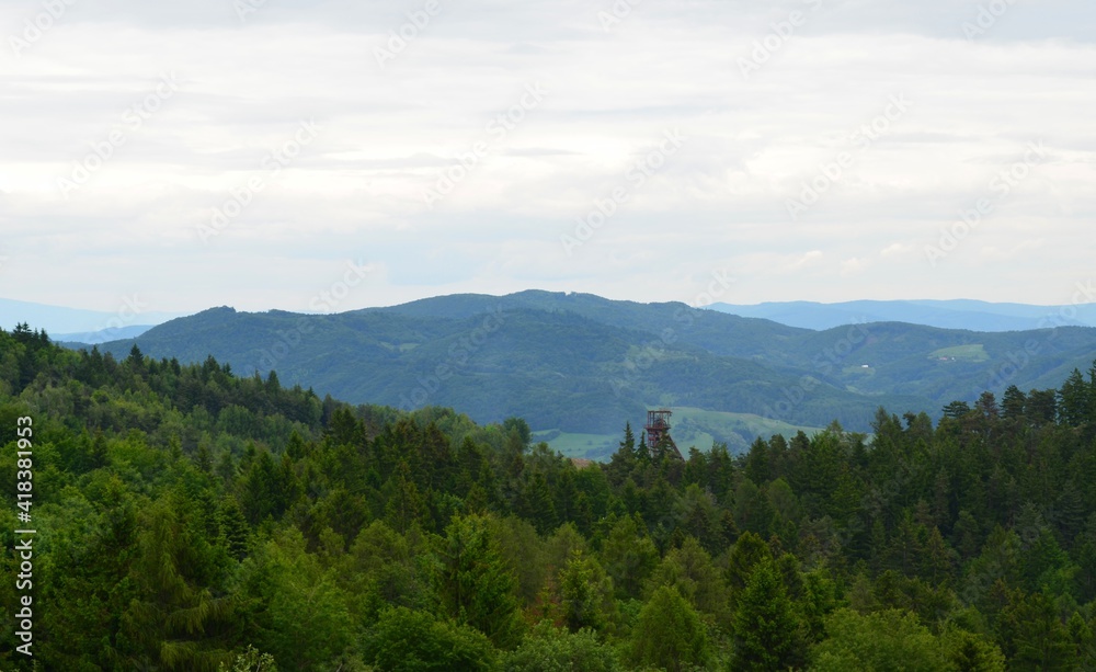 landscape of green hills with a mine shaft, Banská Stiavnica, slovakia