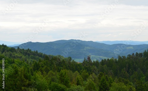 landscape of green hills with a mine shaft, Banská Stiavnica, slovakia