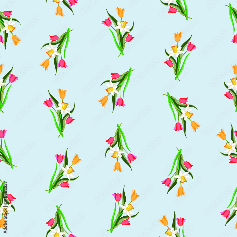 Tulips and daffodiles seamless pattern, vector art.