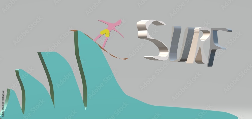 stylized 3d illustration of a surfer riding the wave