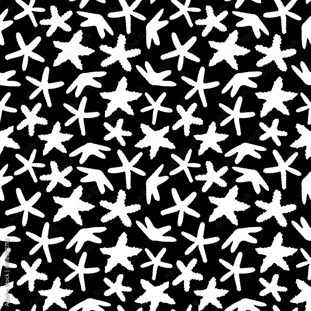 Seamless vector outline cartoon pattern of ocean sea stars or starfish. Doodle of Marine invertebrates with five arms, black white colors. Chalkboard or silhouette monochrome effect. Seamless vector outline cartoon pattern of ocean sea stars or starfish. Doodle of Marine invertebrates with five arms, black white colors. Chalkboard or silhouette monochrome effect.